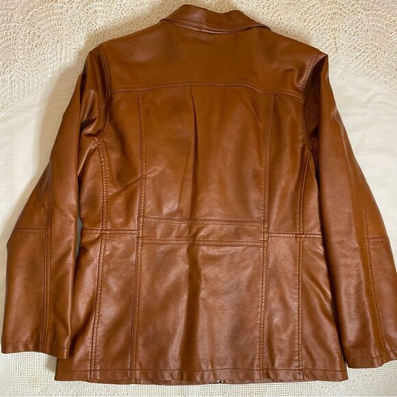 REHBRAUN Jacket Germany Faux Leather Vegan Snap Zip Petite Womens M PM Brown - Picture 11 of 14